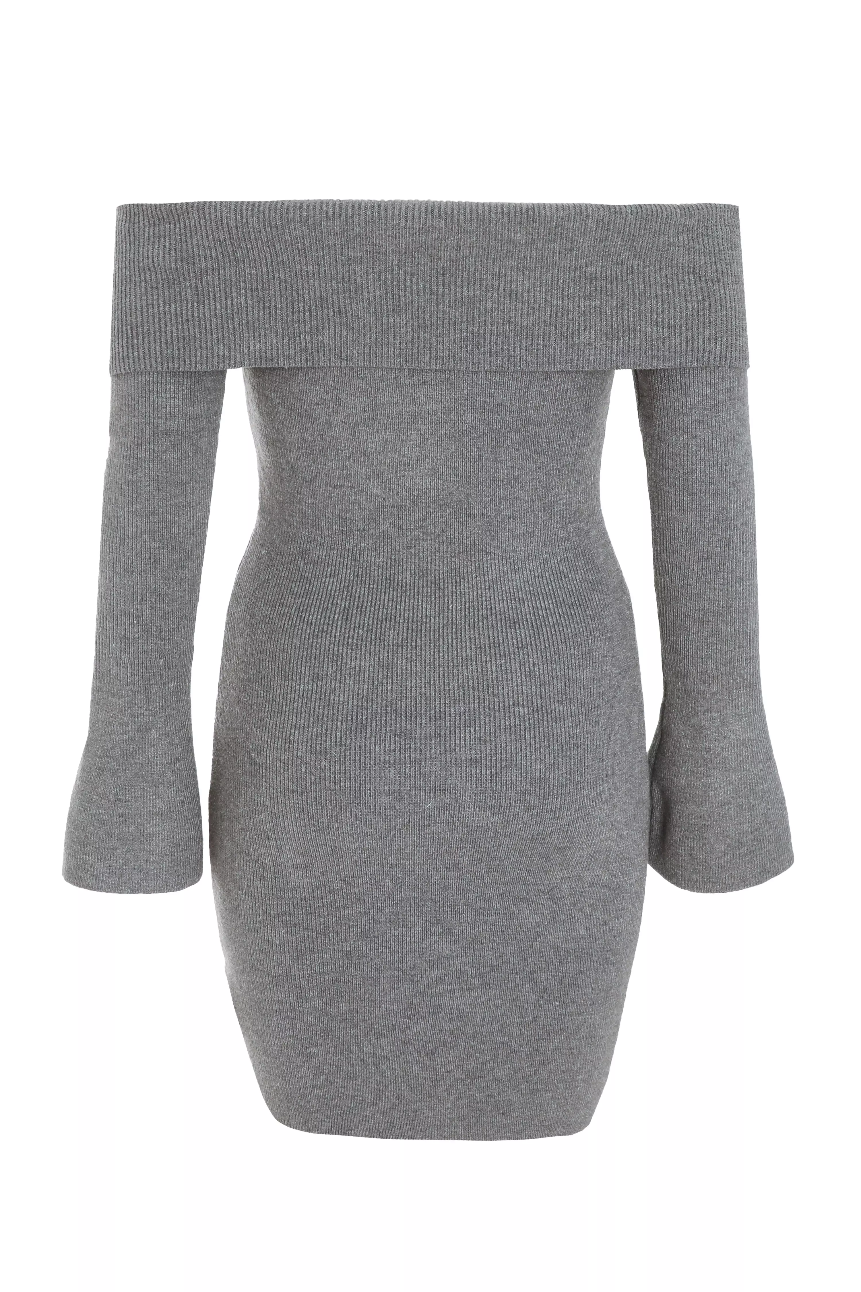 Grey Ribbed Bardot Mini Jumper Dress - QUIZ Clothing