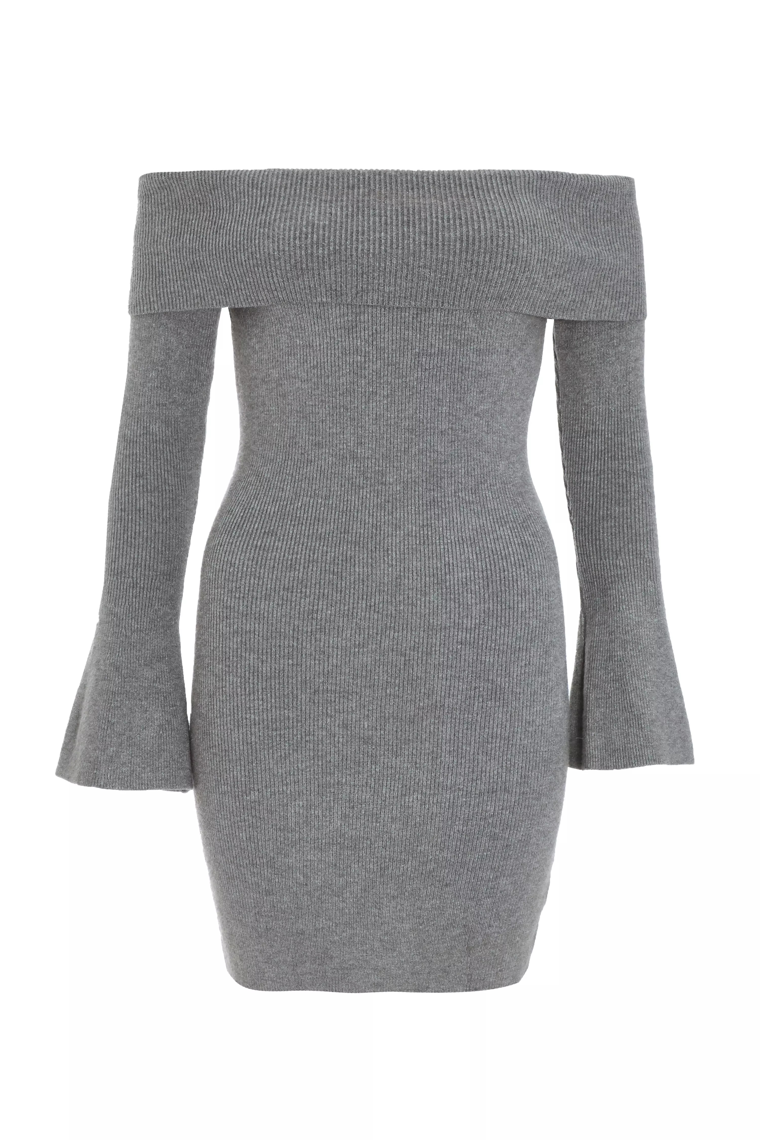 Grey Ribbed Bardot Mini Jumper Dress QUIZ Clothing